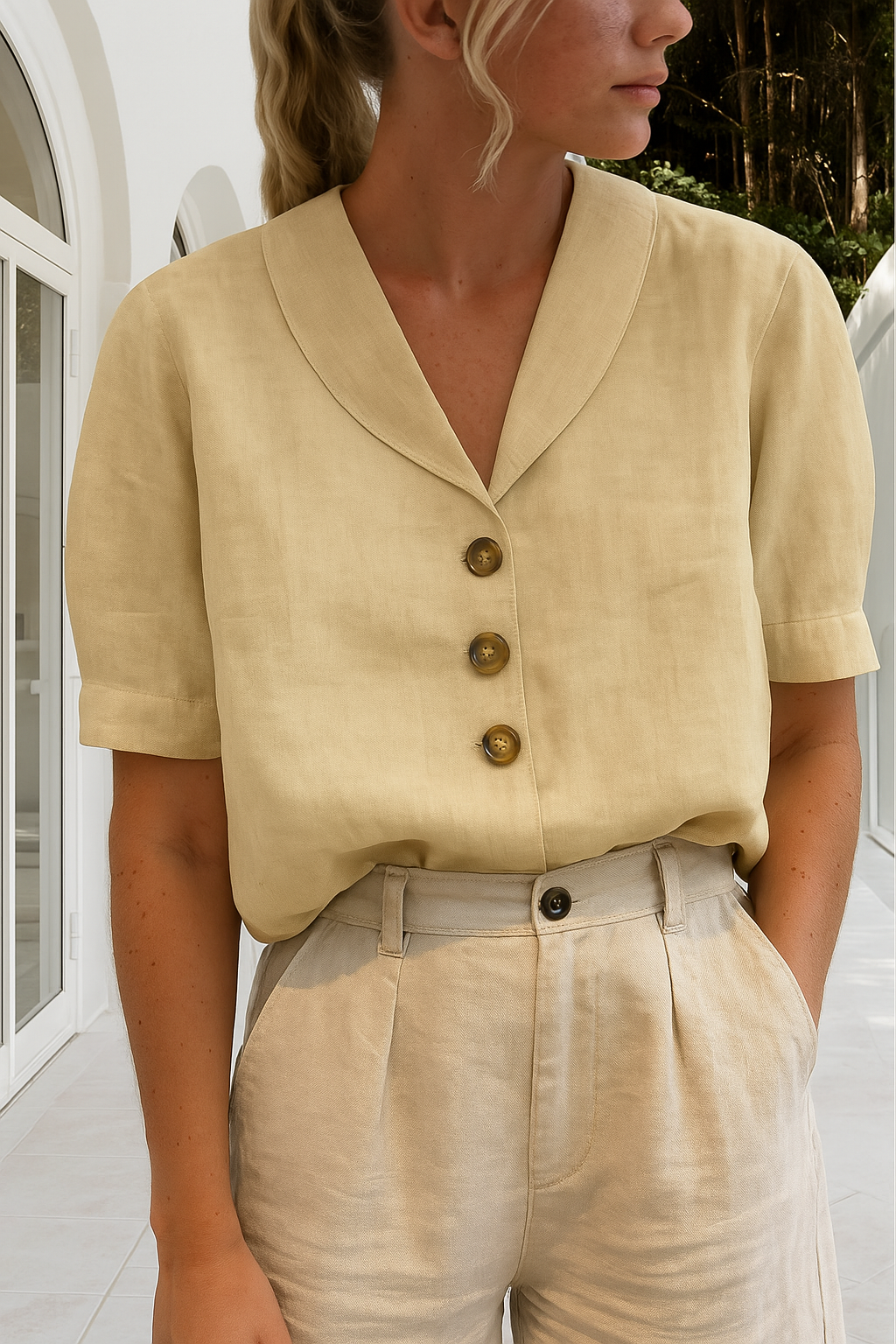 Elvoria | Women's Elegant V-Neck Blouse with Buttons Casual
