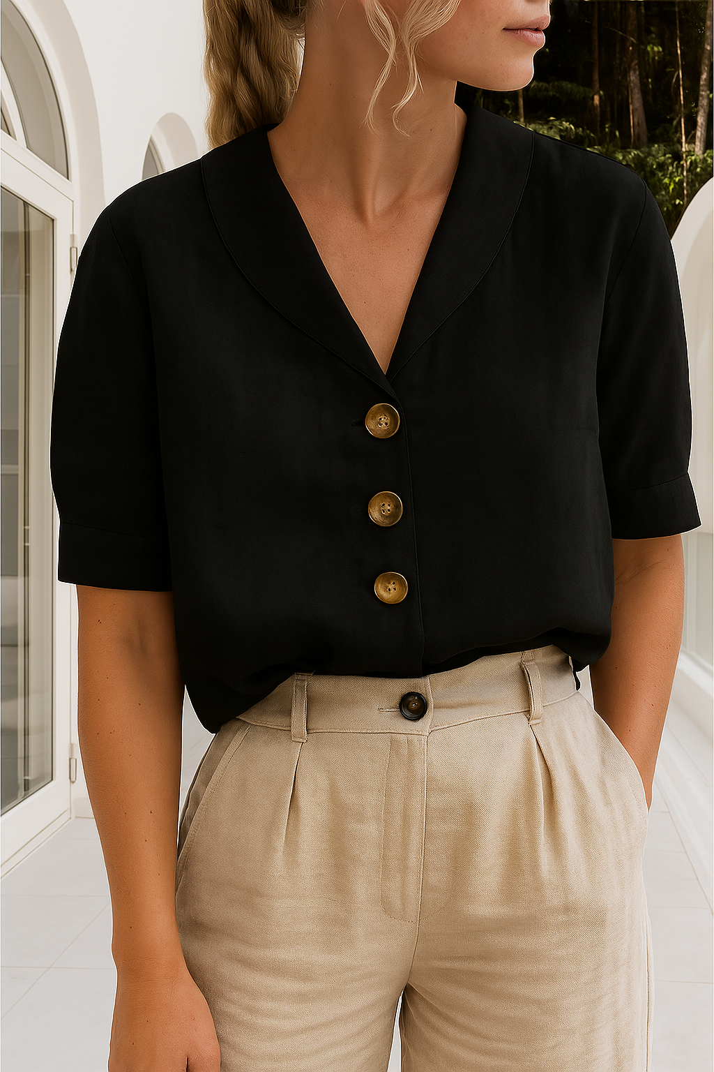 Elvoria | Women's Elegant V-Neck Blouse with Buttons Casual