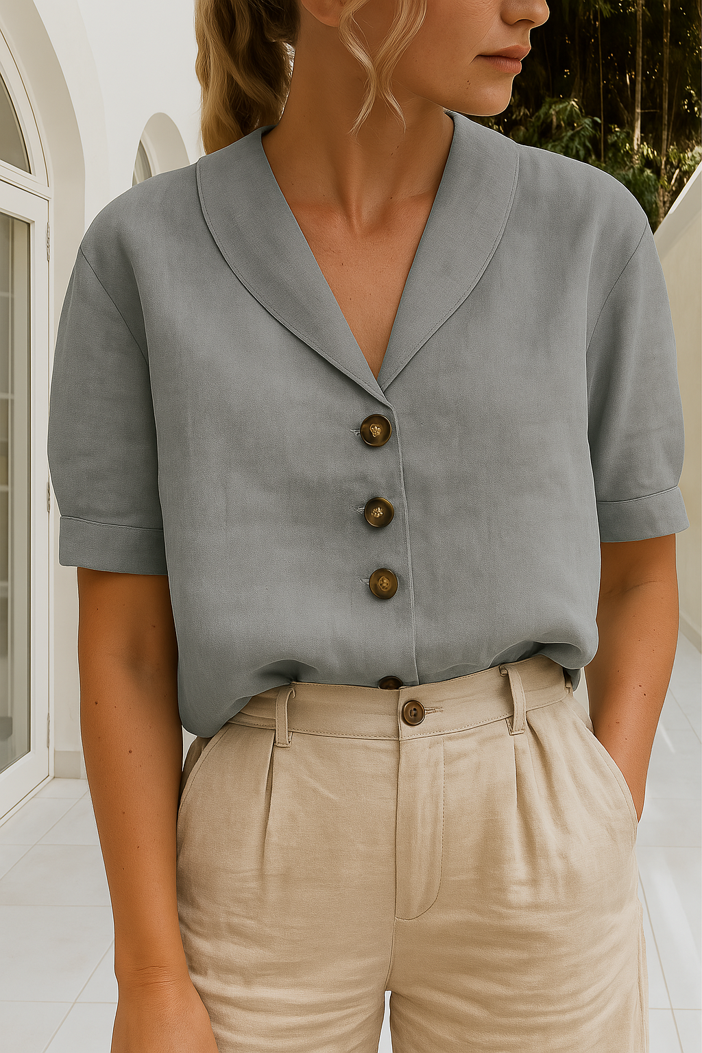 Elvoria | Women's Elegant V-Neck Blouse with Buttons Casual
