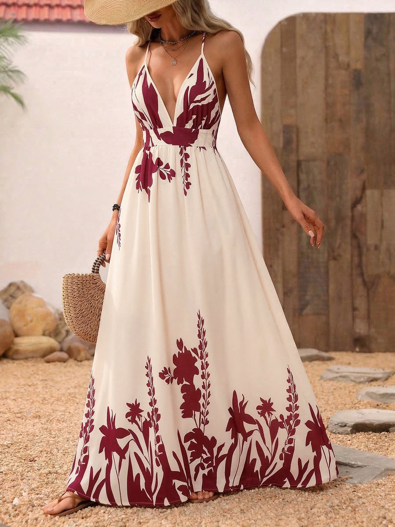 Serelina | Abito Estivo Maxi Donna con Scollo a V e Motivo Floreale Elegante