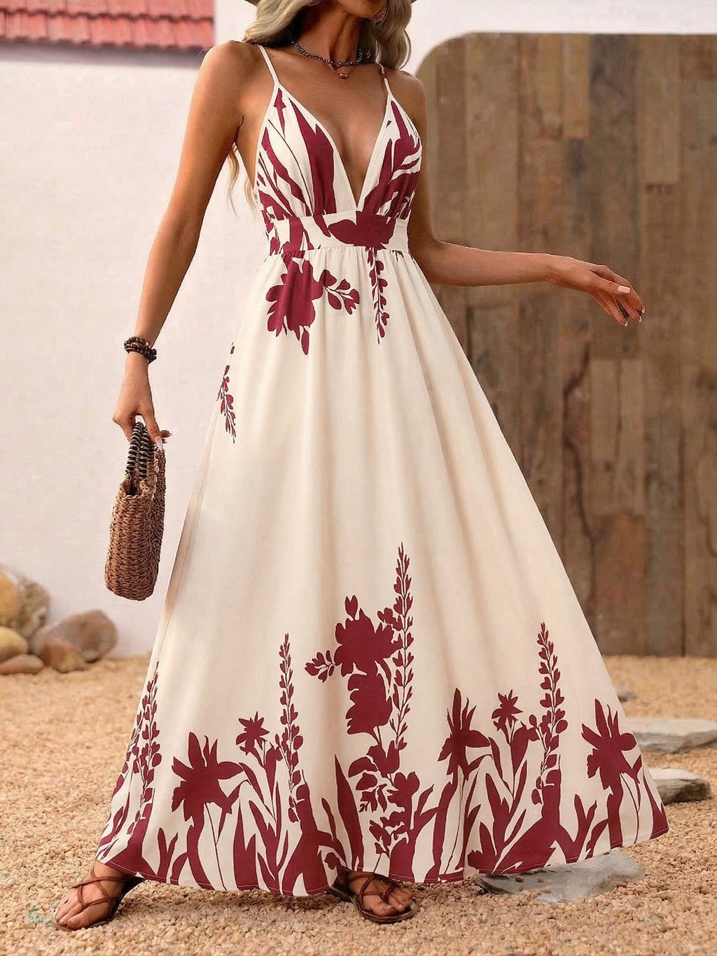 Serelina | Abito Estivo Maxi Donna con Scollo a V e Motivo Floreale Elegante