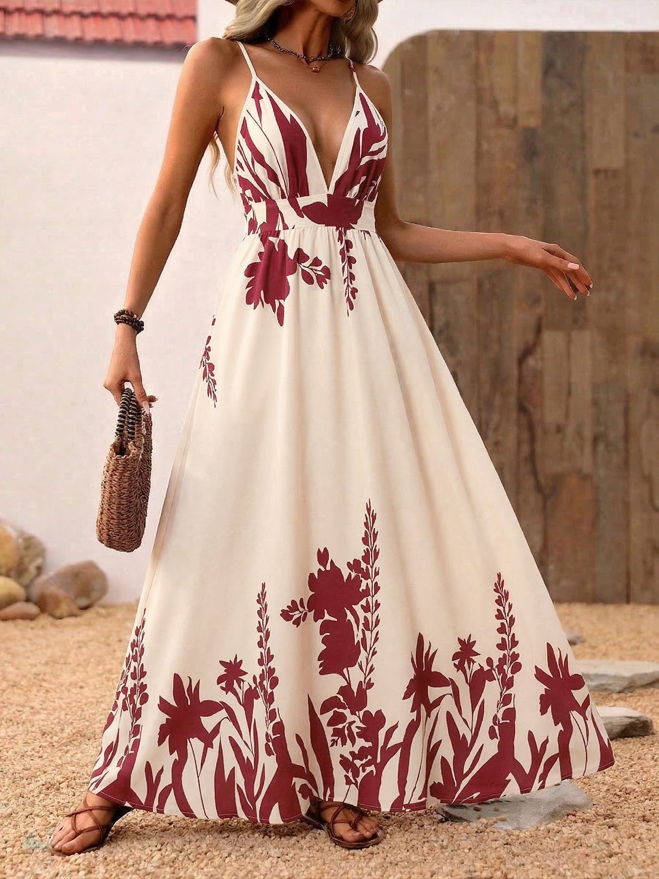 Serelina | Abito Estivo Maxi Donna con Scollo a V e Motivo Floreale Elegante