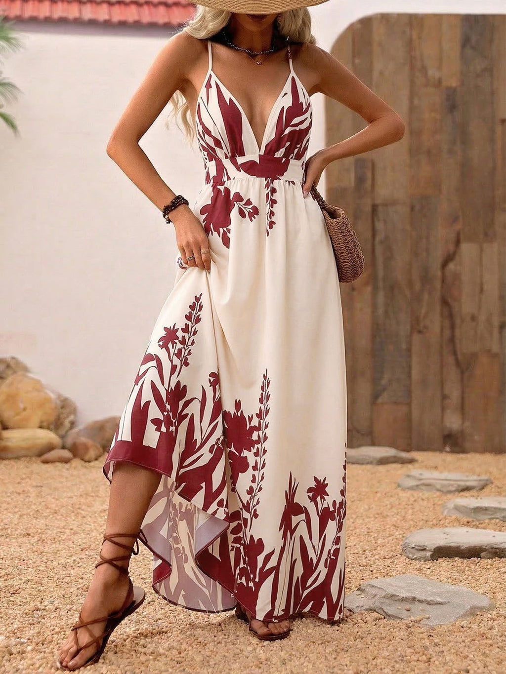 Serelina | Abito Estivo Maxi Donna con Scollo a V e Motivo Floreale Elegante