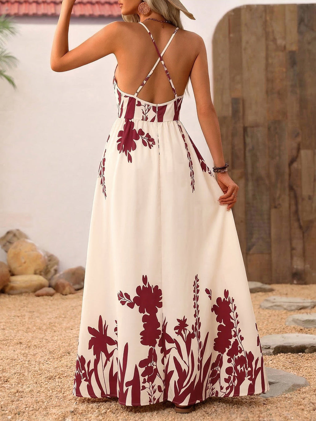 Serelina | Abito Estivo Maxi Donna con Scollo a V e Motivo Floreale Elegante