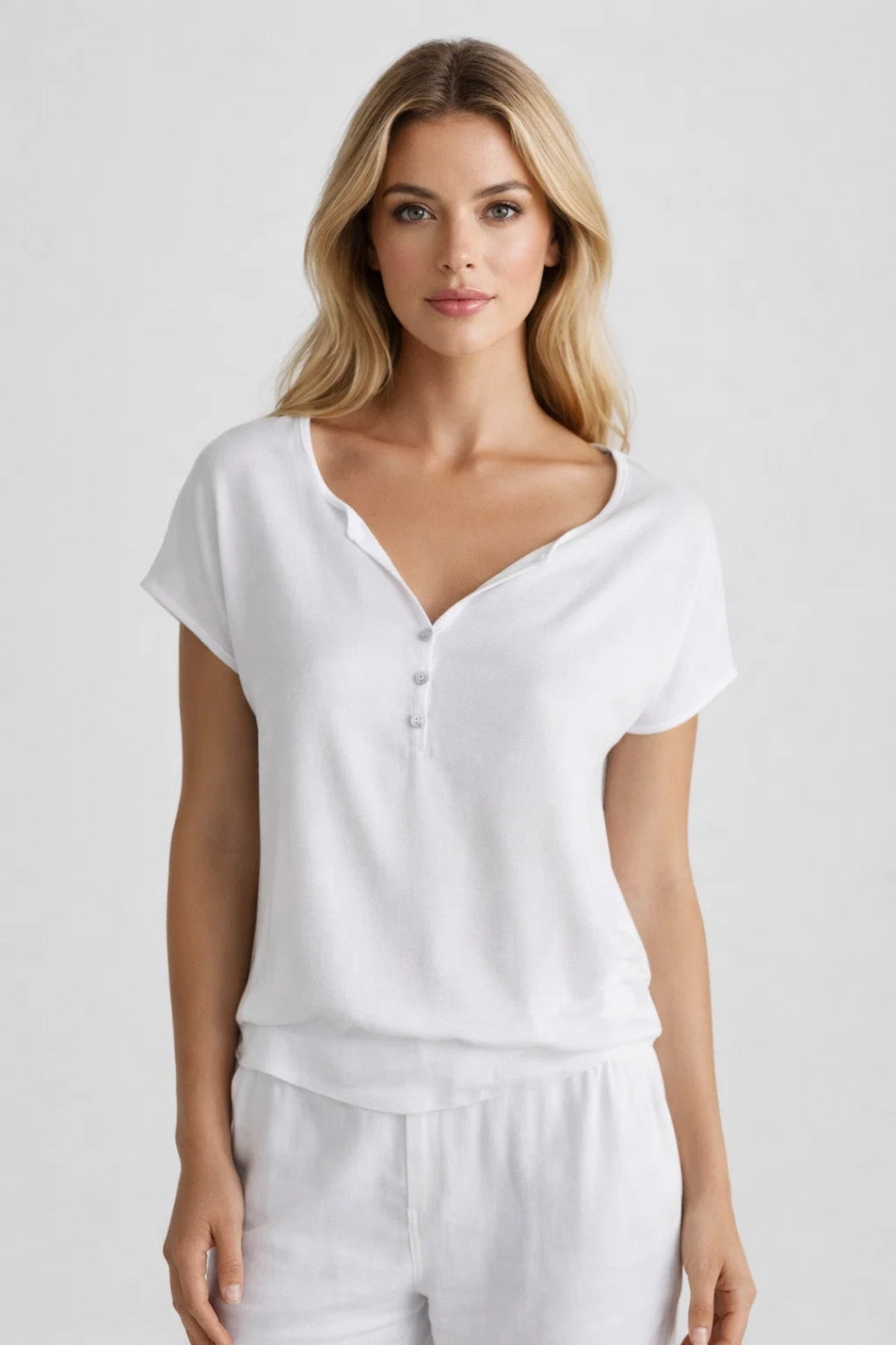 Milena | Women's V-Neck Blouse with Short Sleeves and Buttons