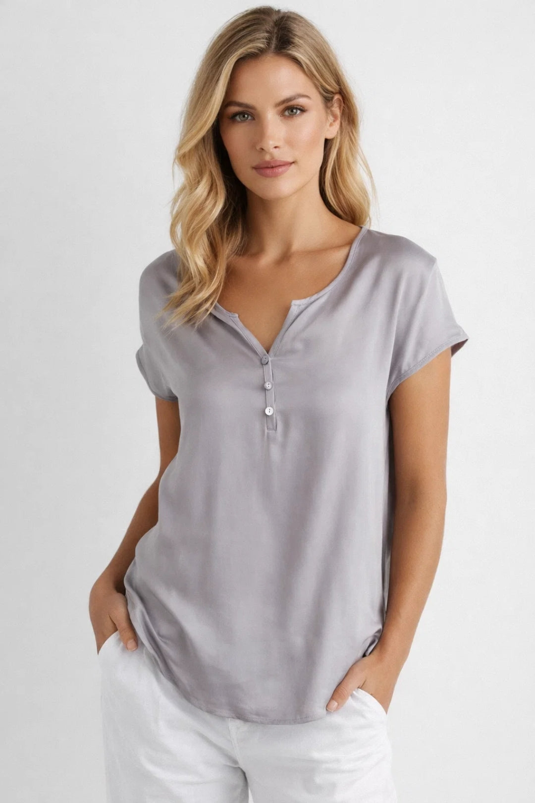 Milena | Women's V-Neck Blouse with Short Sleeves and Buttons
