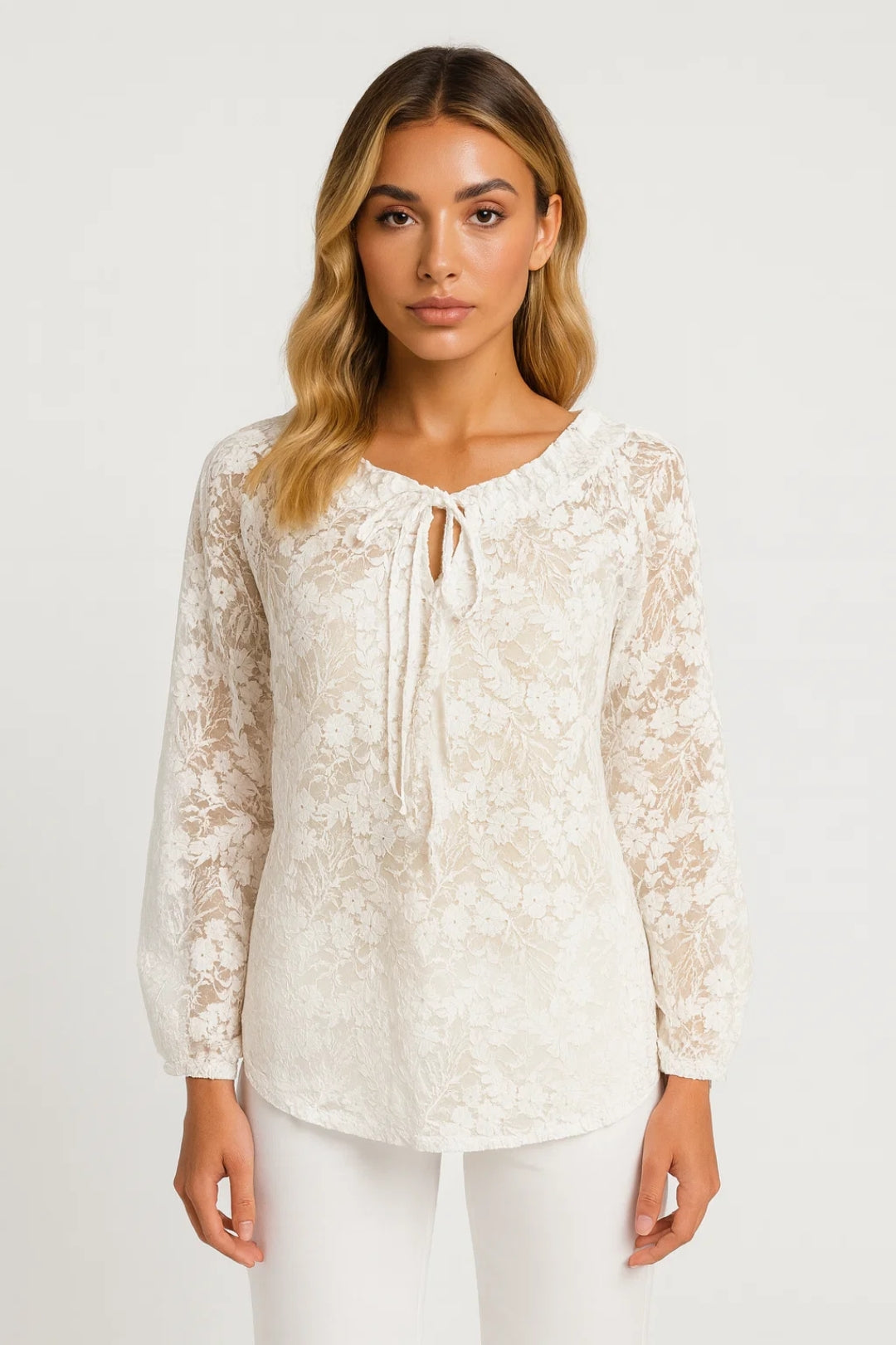 Zofia | Blusa elegante da donna in pizzo con fiocco e maniche lunghe