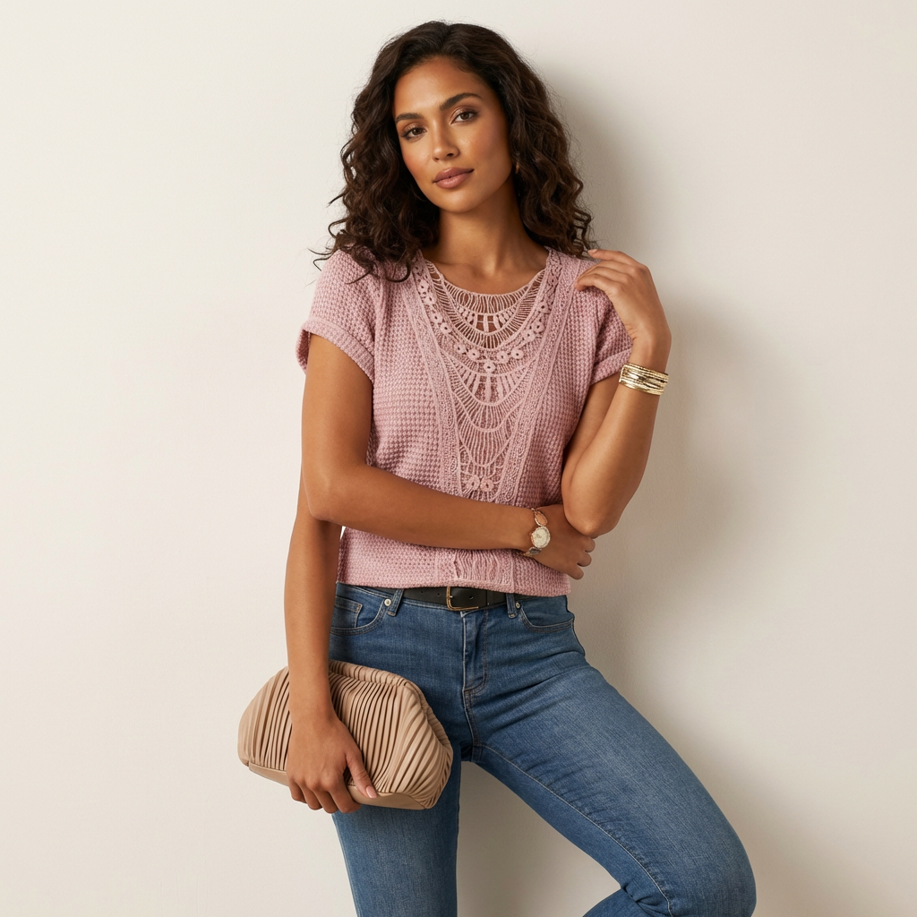 Sophie | Damska Ażurowa Bluzka Casual z Krótkim Rękawem