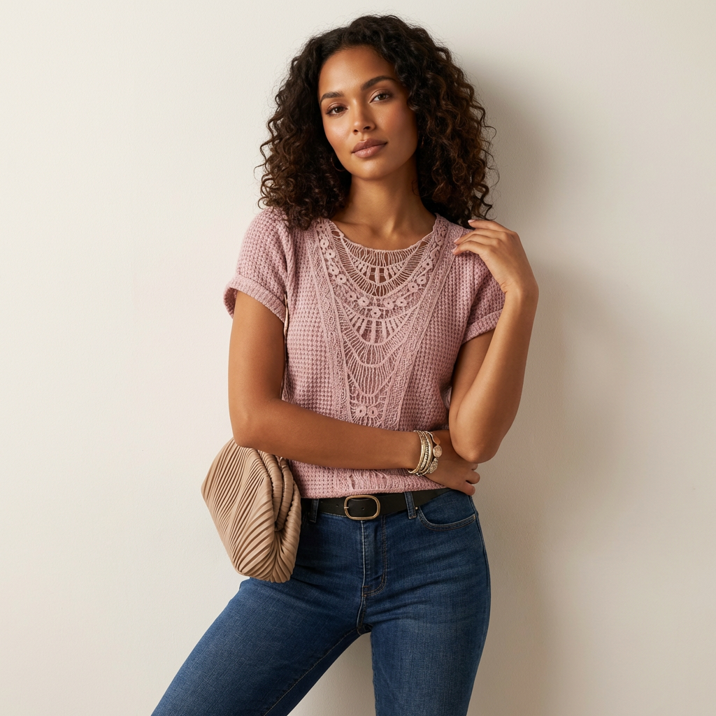 Sophie | Damska Ażurowa Bluzka Casual z Krótkim Rękawem