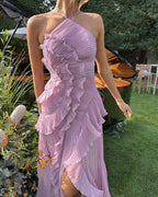 Irma | Abito maxi elegante da donna con volant e pieghe