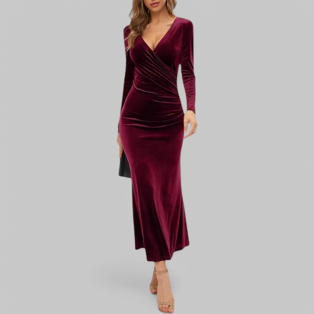 Velmira | Damska Elegancka Sukienka Maxi V-Neck z Długim Rękawem