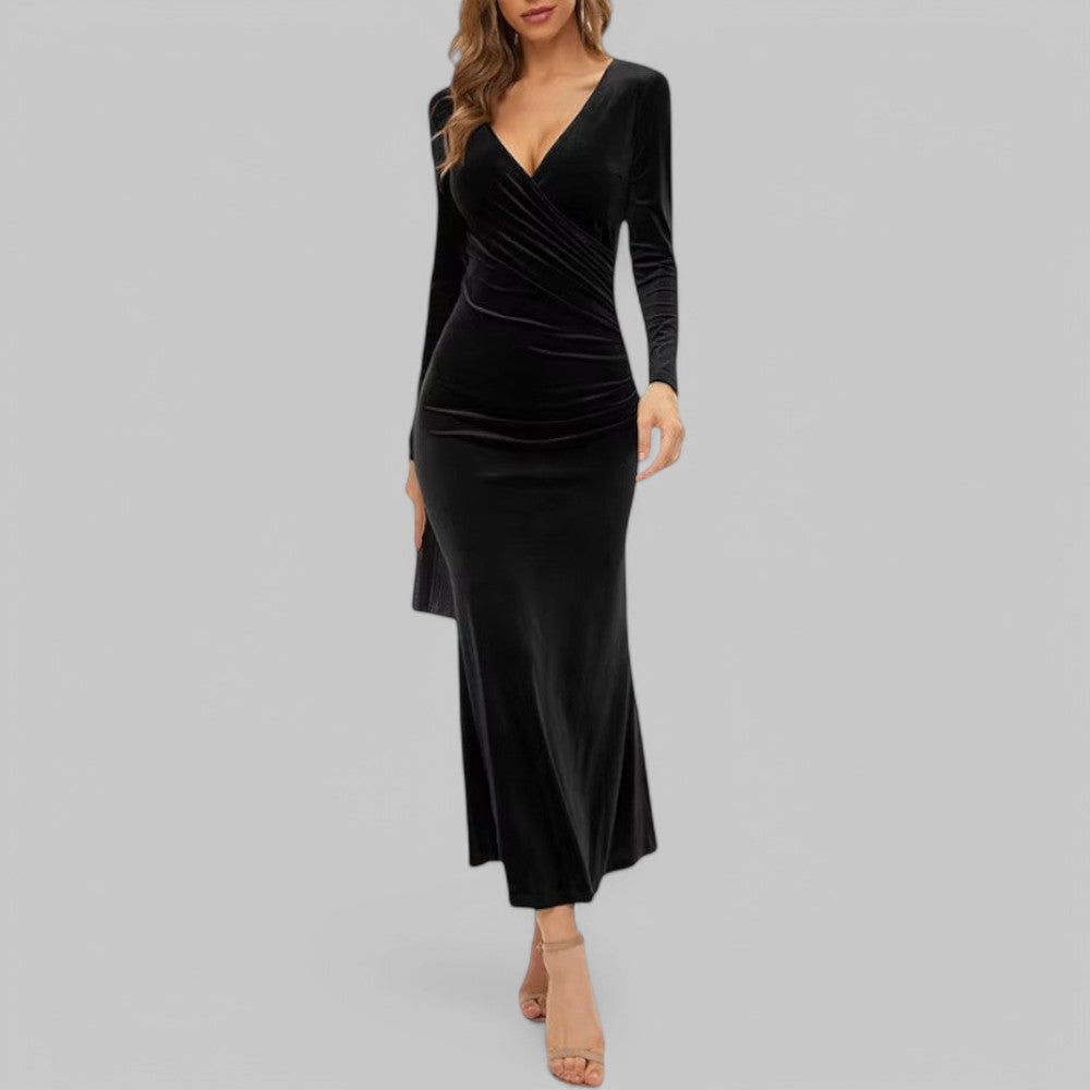 Velmira | Damska Elegancka Sukienka Maxi V-Neck z Długim Rękawem