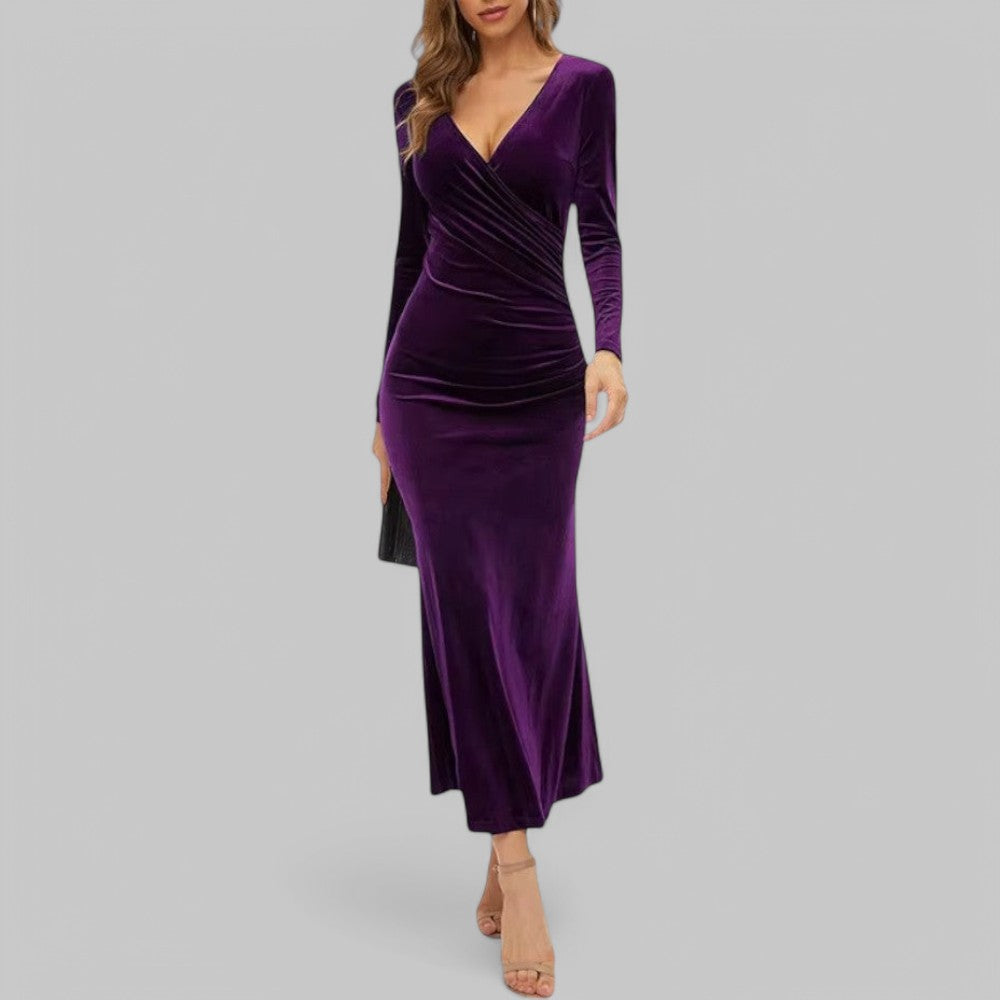 Velmira | Damska Elegancka Sukienka Maxi V-Neck z Długim Rękawem