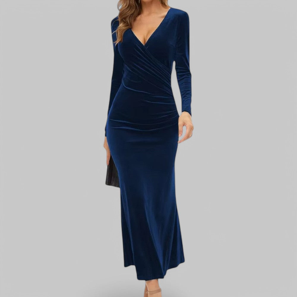 Velmira | Damska Elegancka Sukienka Maxi V-Neck z Długim Rękawem