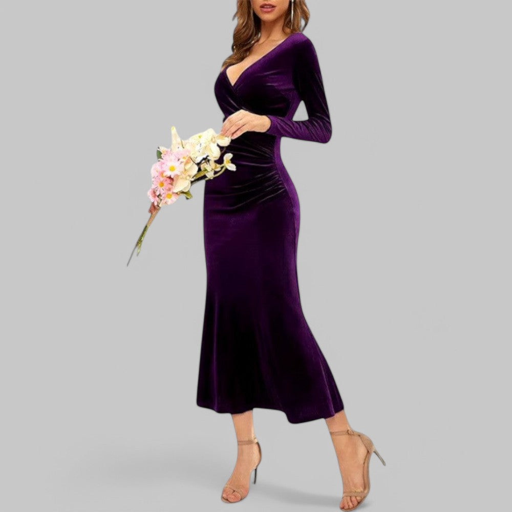 Velmira | Damska Elegancka Sukienka Maxi V-Neck z Długim Rękawem