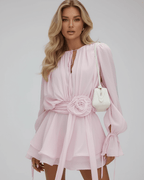 Laurène | Airy Mini Dress with Long Sleeves and Decorative Belt