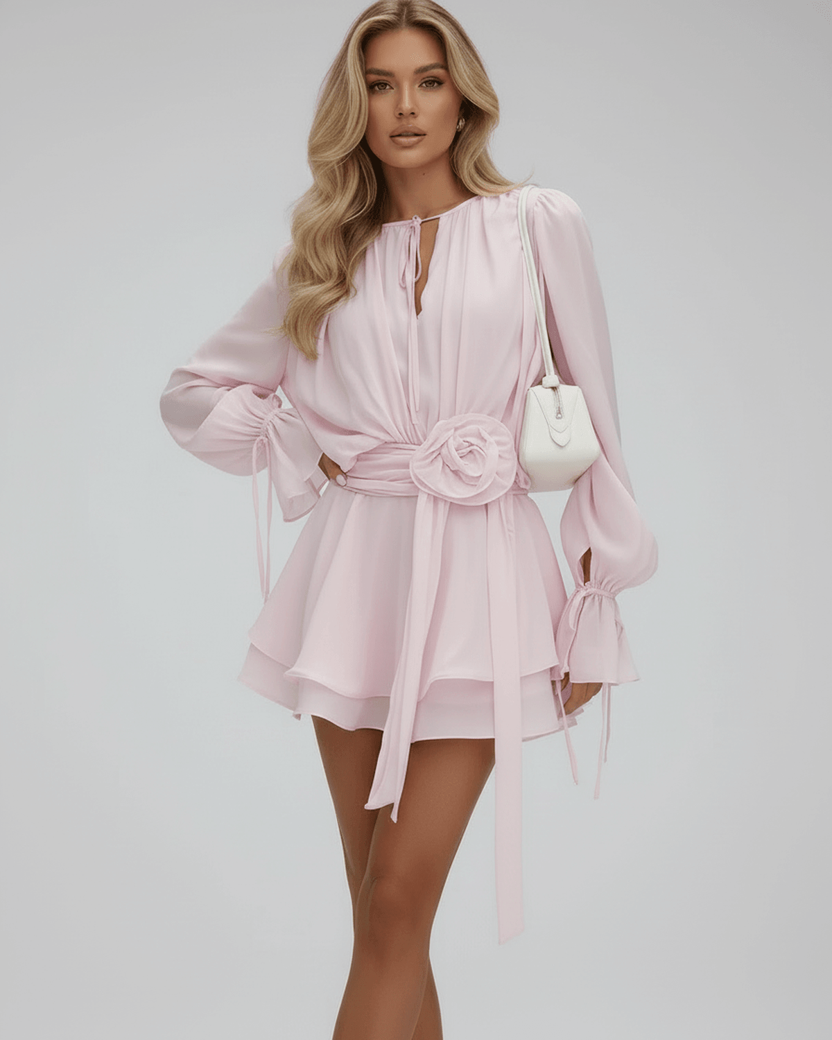 Laurène | Airy Mini Dress with Long Sleeves and Decorative Belt