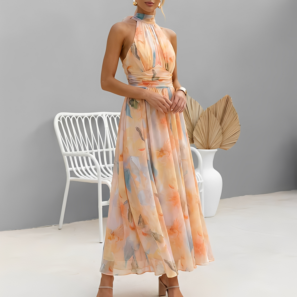Zena | Abito Maxi con Scollo Halter e Delicato Motivo Floreale