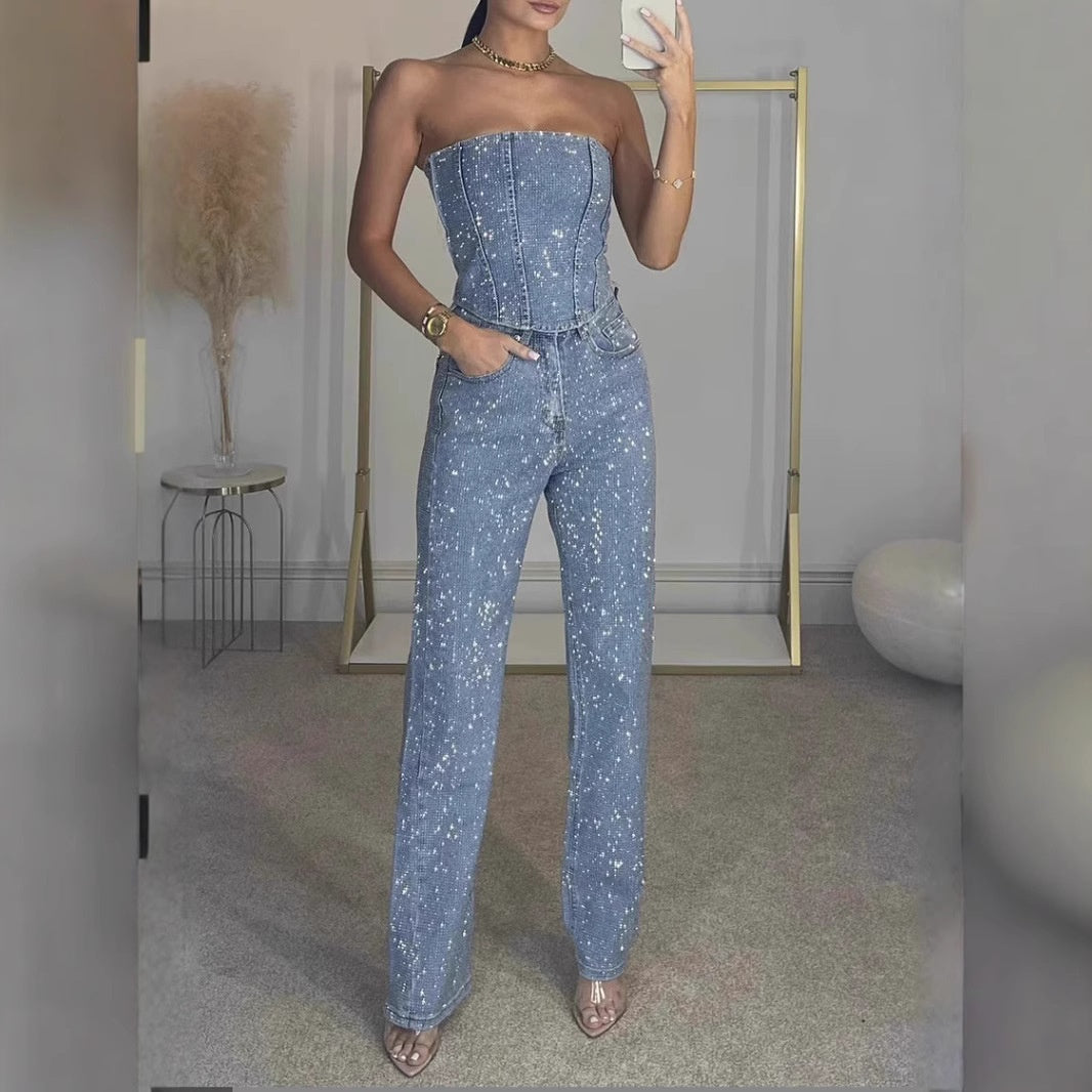 Bianca | Women's Glitter Set with Bandeau Top and High Waist Pants