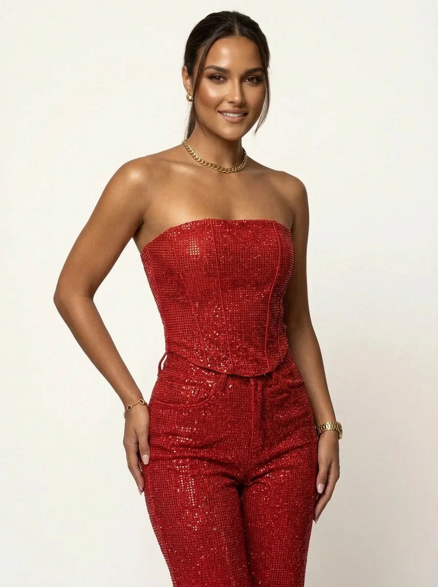 Bianca | Women's Glitter Set with Bandeau Top and High Waist Pants