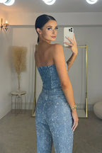 Bianca | Women's Glitter Set with Bandeau Top and High Waist Pants