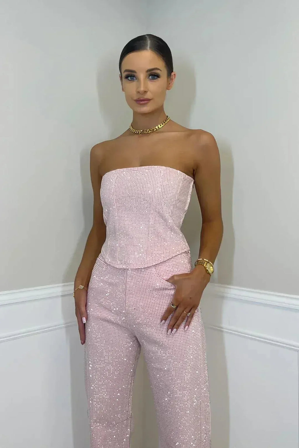 Bianca | Women's Glitter Set with Bandeau Top and High Waist Pants