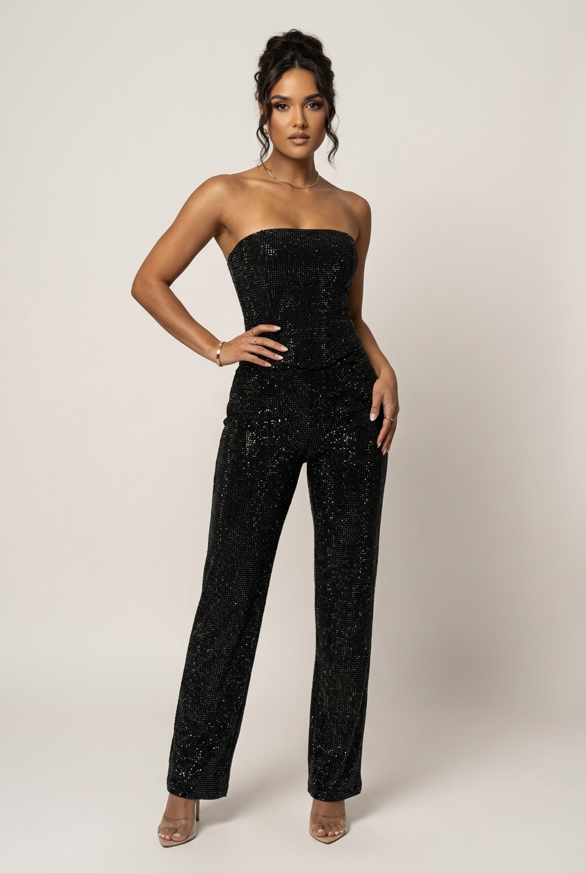 Bianca | Women's Glitter Set with Bandeau Top and High Waist Pants