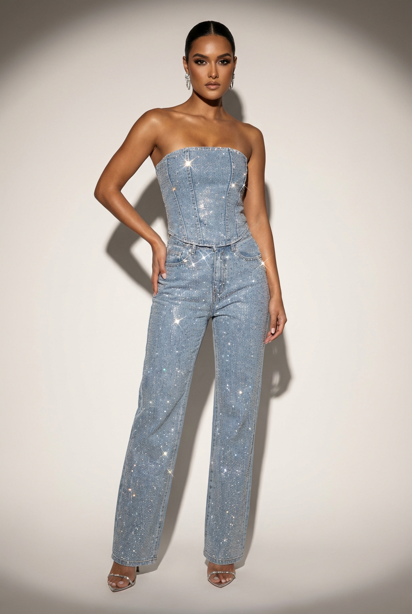 Bianca | Damski Brokatowy Komplet z Topem Bandeau i Spodniami High Waist