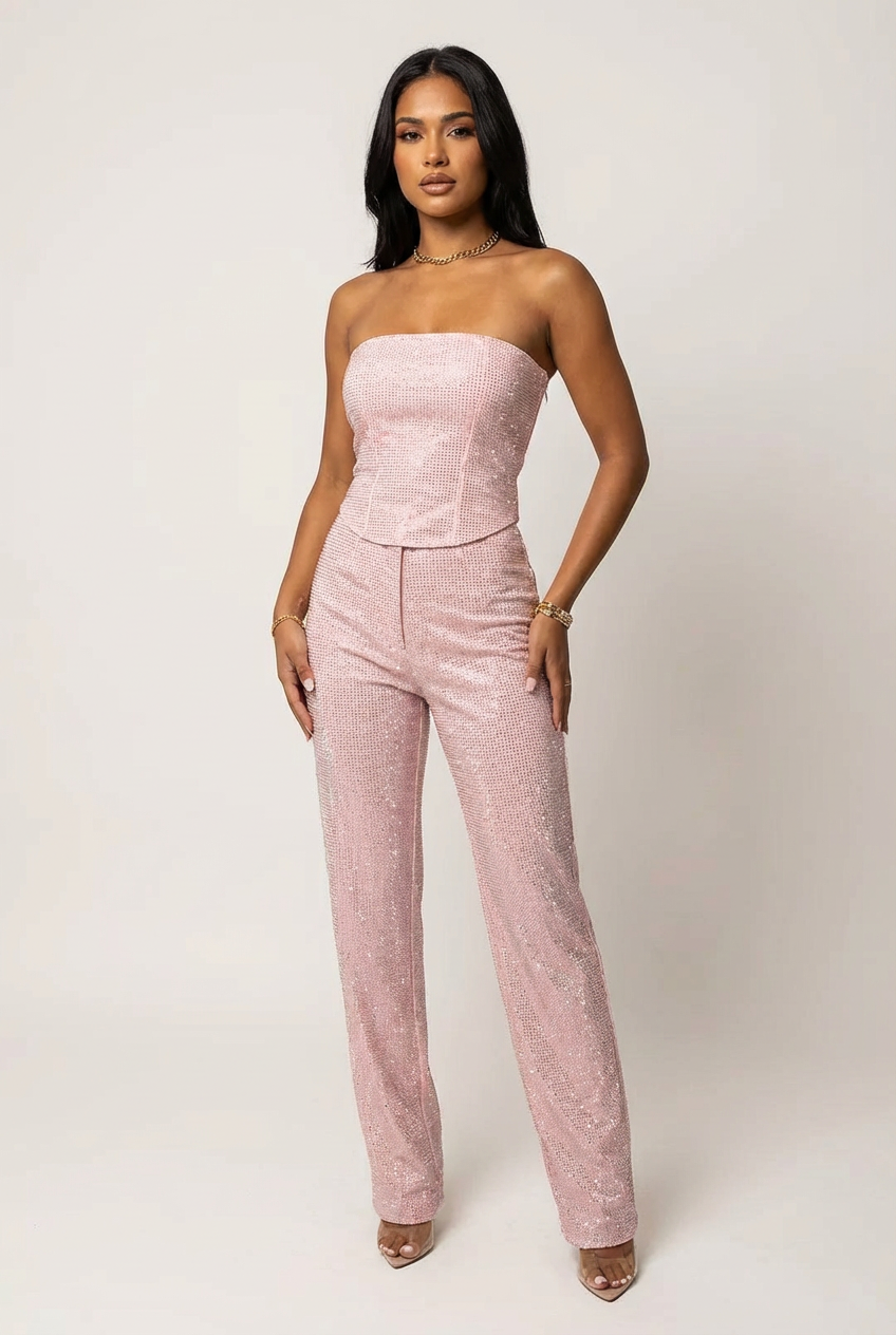 Bianca | Damski Brokatowy Komplet z Topem Bandeau i Spodniami High Waist