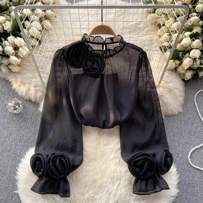 Vireya | Blusa elegante da donna con applicazione floreale e maniche trasparenti