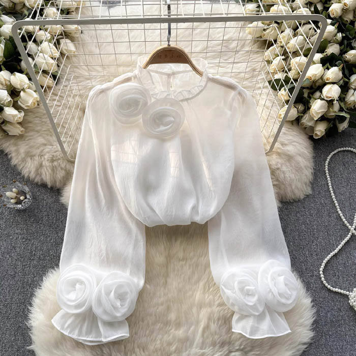 Vireya | Blusa elegante da donna con applicazione floreale e maniche trasparenti
