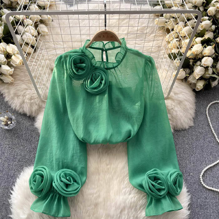Vireya | Blusa elegante da donna con applicazione floreale e maniche trasparenti