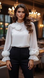 Vireya | Blusa elegante da donna con applicazione floreale e maniche trasparenti