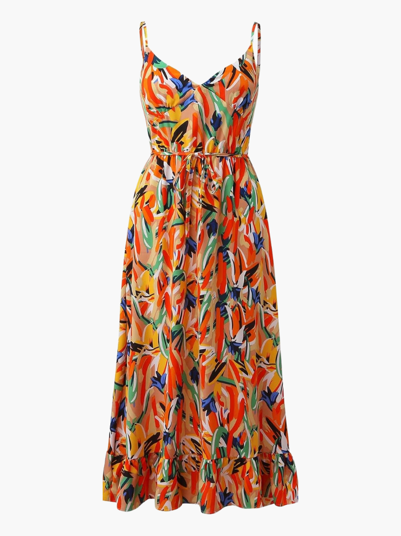 Aria | Abito midi da donna con spalline, motivo colorato e cintura in vita
