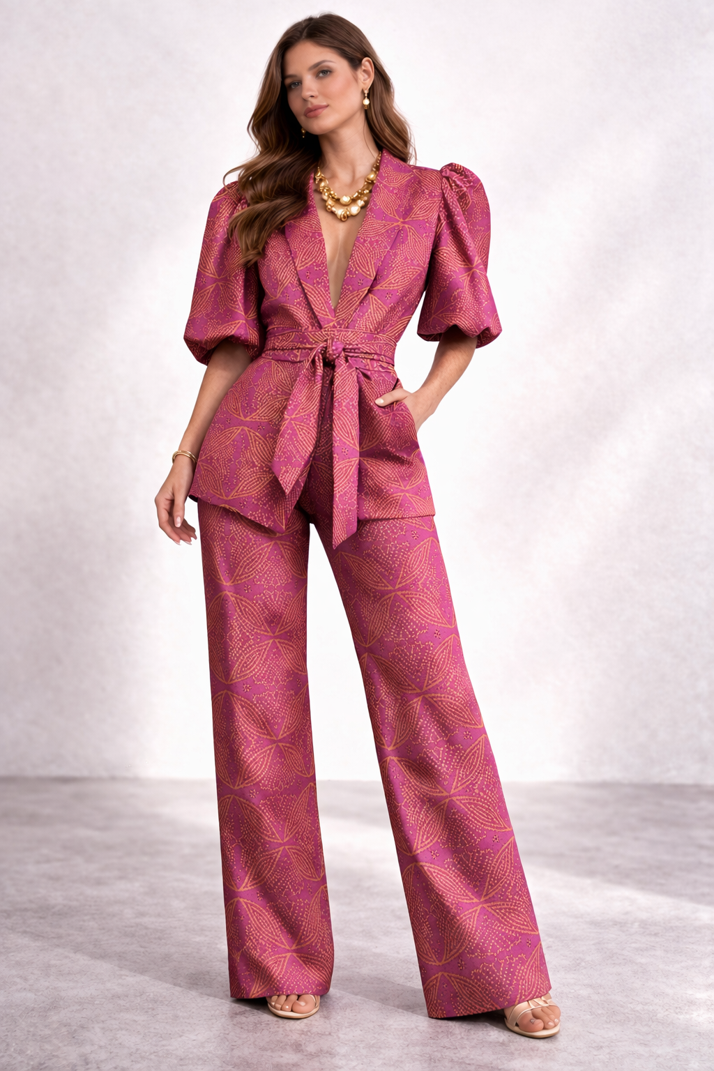 Valessia | Completo elegante da donna con pantaloni fantasia a gamba larga
