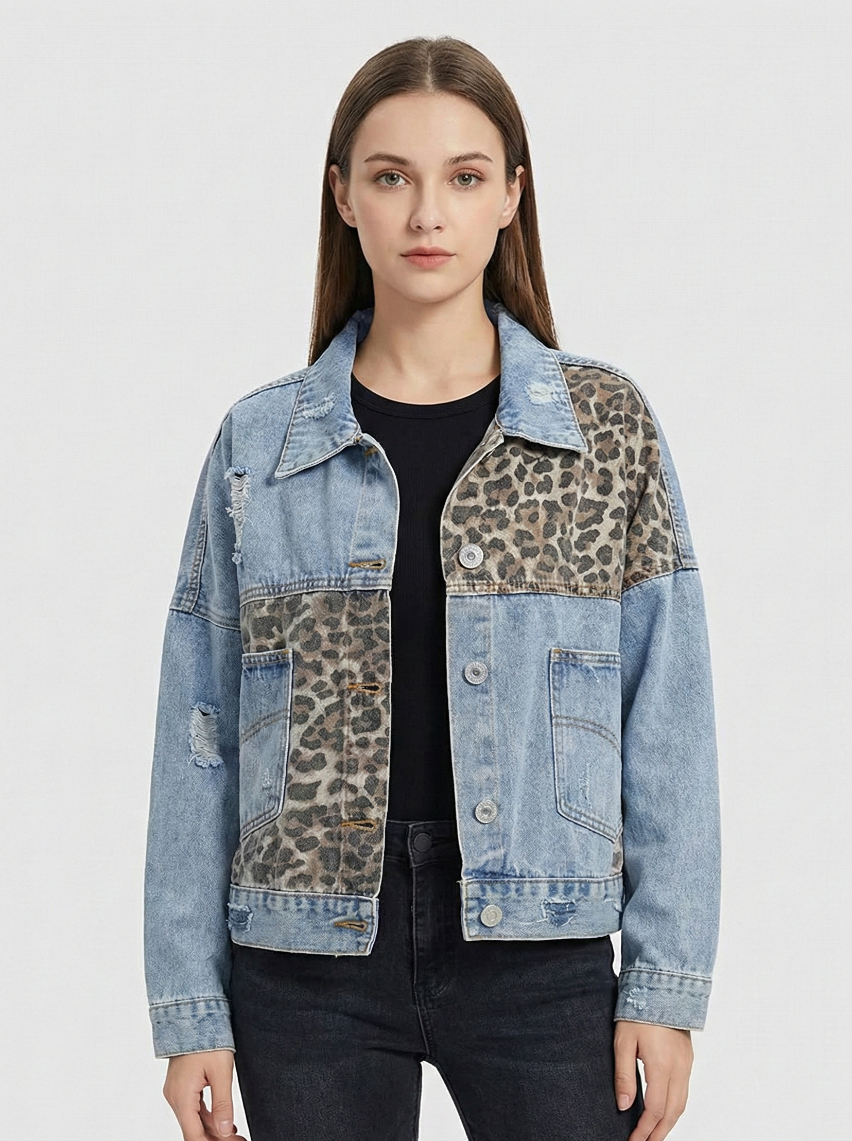 Zenvira | Giacca Casual da Donna in Jeans con Motivo Leopardo