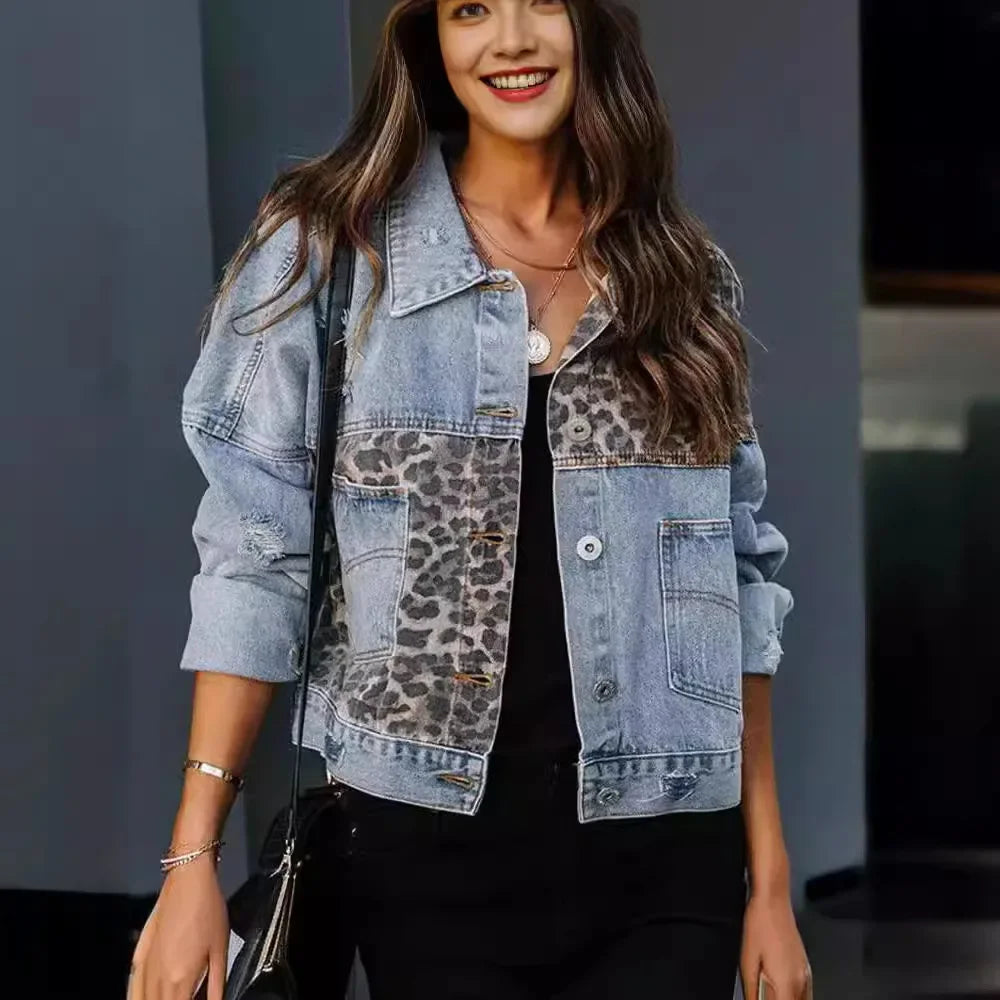 Zenvira | Giacca Casual da Donna in Jeans con Motivo Leopardo