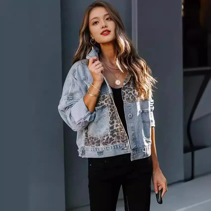 Zenvira | Giacca Casual da Donna in Jeans con Motivo Leopardo