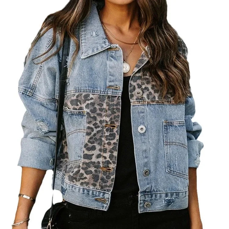 Zenvira | Giacca Casual da Donna in Jeans con Motivo Leopardo