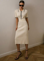 Elvaria | Abito Midi Donna in Maglia Attillato con Colletto