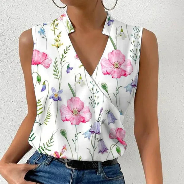 Ariadne | Women's sleeveless blouse with floral pattern and V-neckline