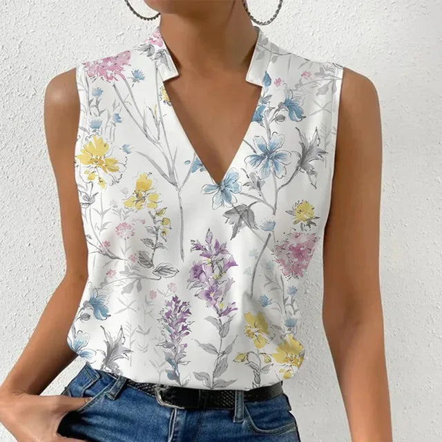 Ariadne | Women's sleeveless blouse with floral pattern and V-neckline