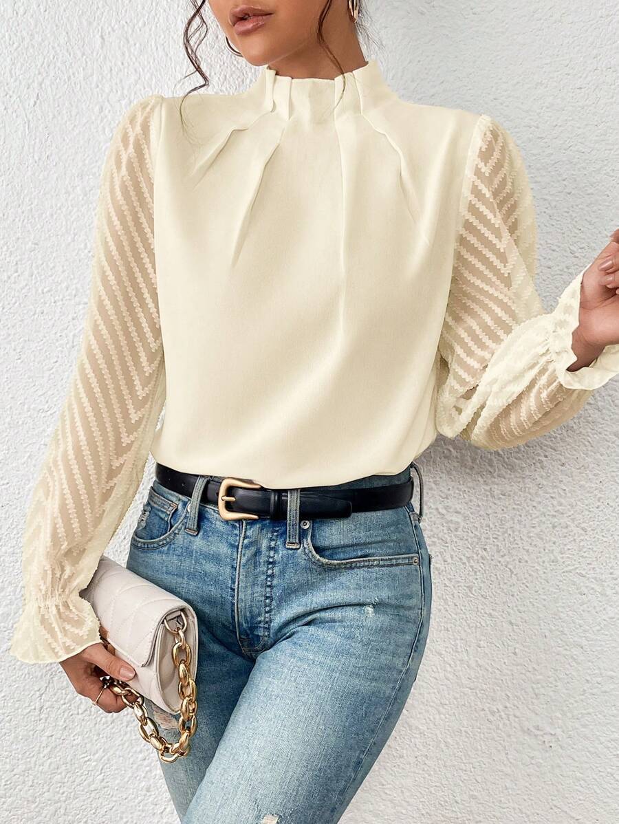Elarina | Women's Elegant Blouse with Sheer Sleeves and Stand Collar