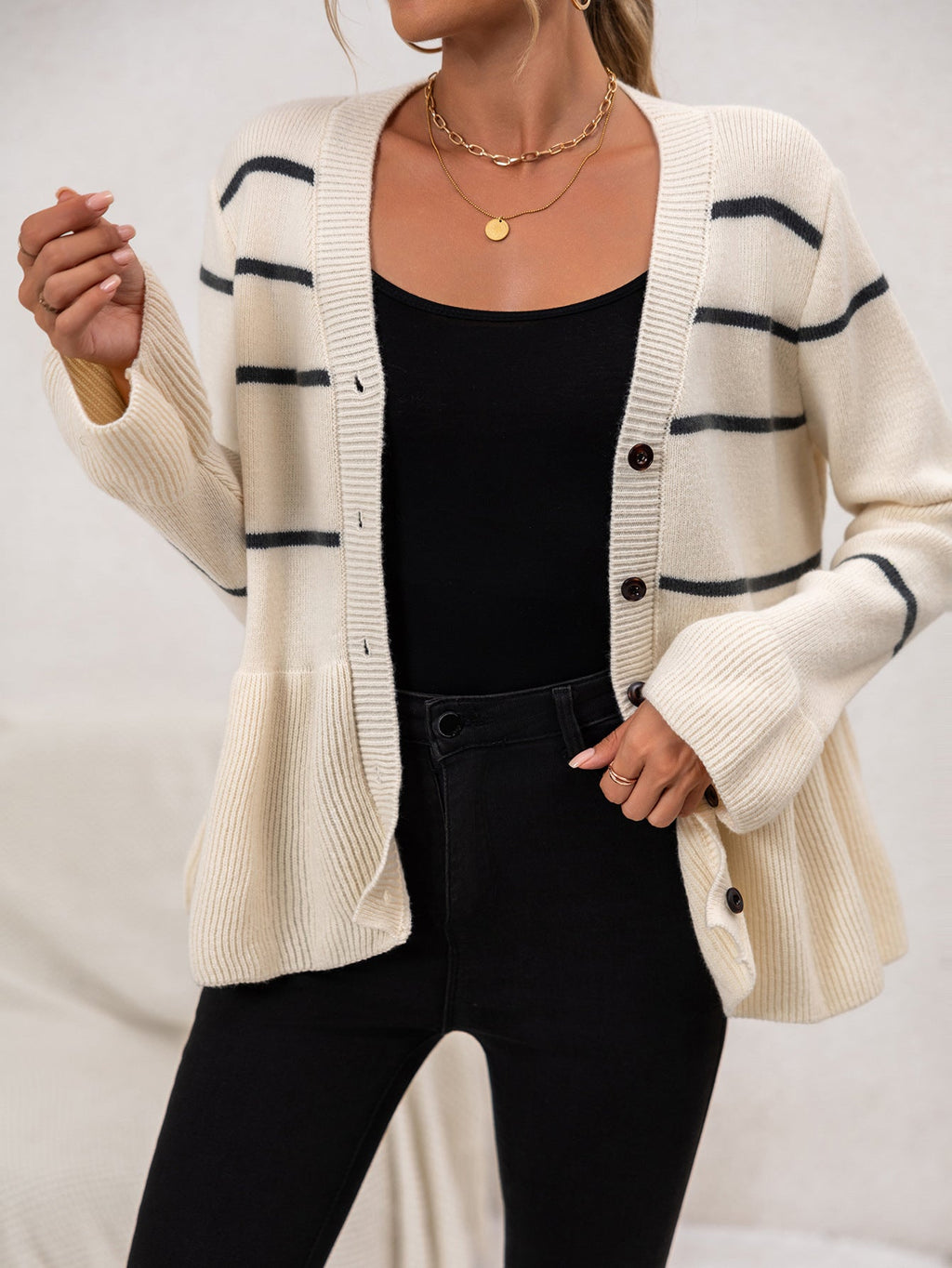 Calyra | Cardigan Donna a Righe con Bottoni Casual in Maglia