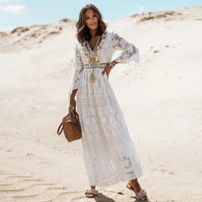 Jasmin | Abito boho maxi da donna con pizzo e scollo a V