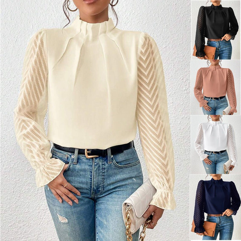 Elarina | Camicetta Elegante da Donna con Maniche Trasparenti e Colletto Alto