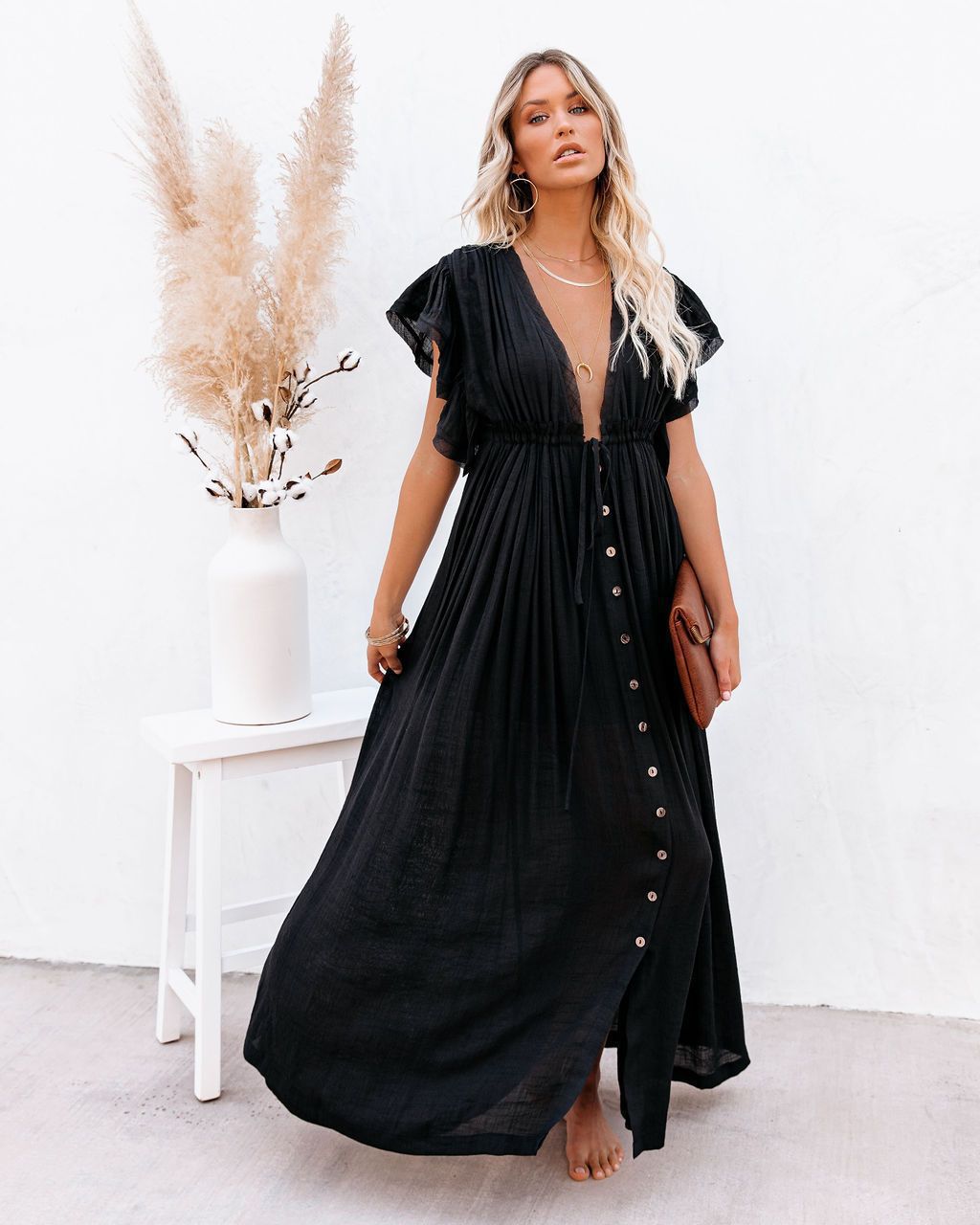 Teena | Abito Boho Maxi Nero a Portafoglio con Scollo a V