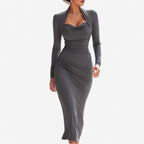 Selvara | Abito Midi Donna Attillato con Arricciature e Scollo a Cuore