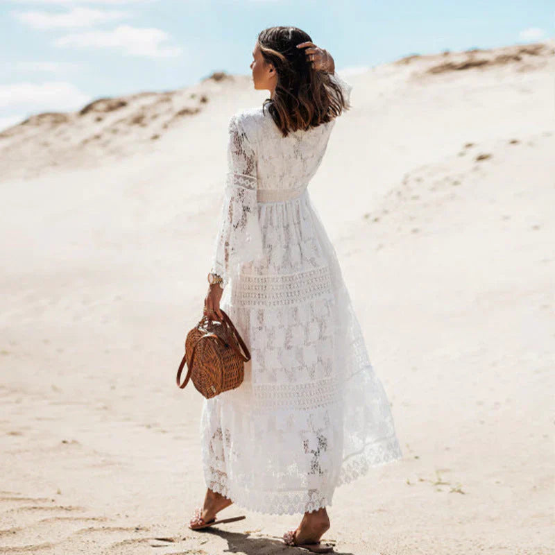 Jasmin | Abito boho maxi da donna con pizzo e scollo a V