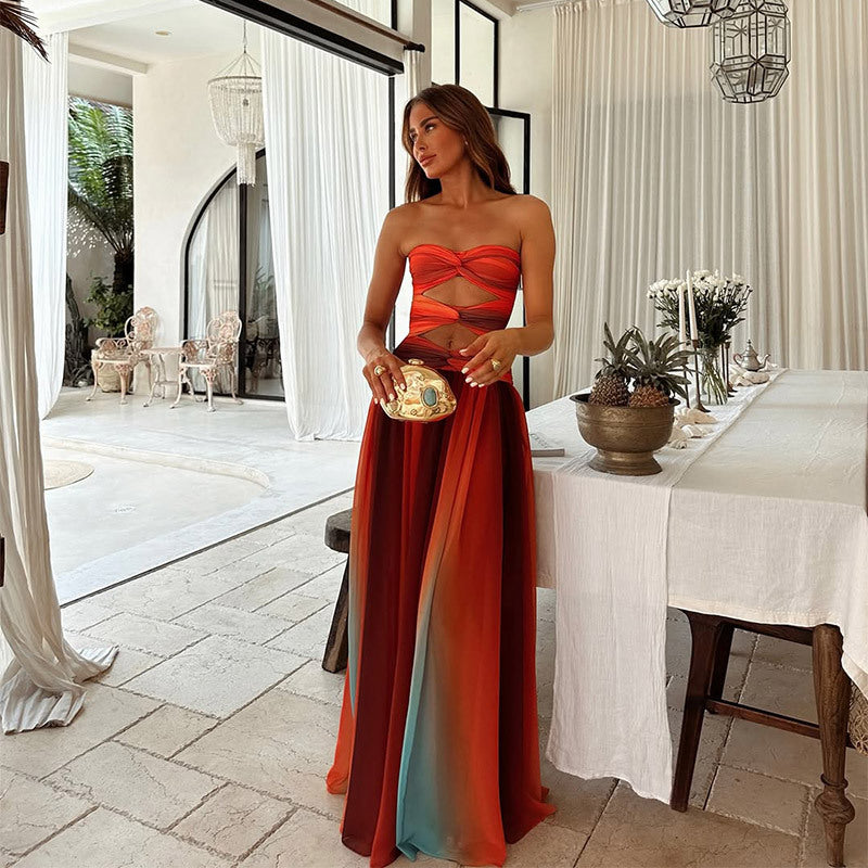 Elarisse | Damska Elegancka Sukienka Maxi Ombre Bez Ramiączek na Wesele